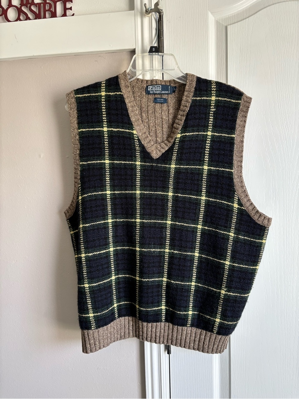 Ralph Lauren Navy Plaid V-Neck Sweater Vest with Tan Trim and Yellow Windowpane